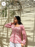 Women's Printed Straight Sleeveless Square Neck Flared Short Kurti for Women & Girls – Pink & White Designer Kurti